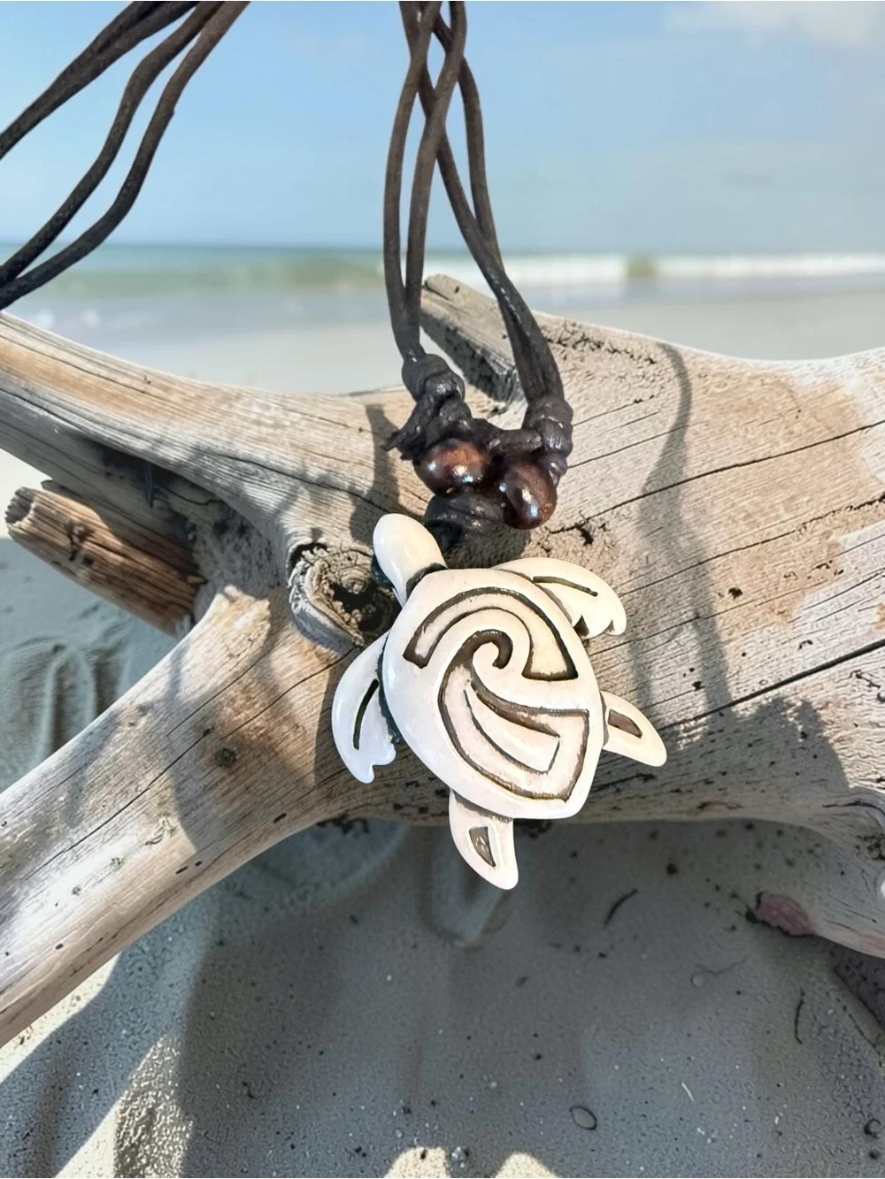 Handmade Turtle Pendant Necklace in Black Cord - Beach Boho Jewelry